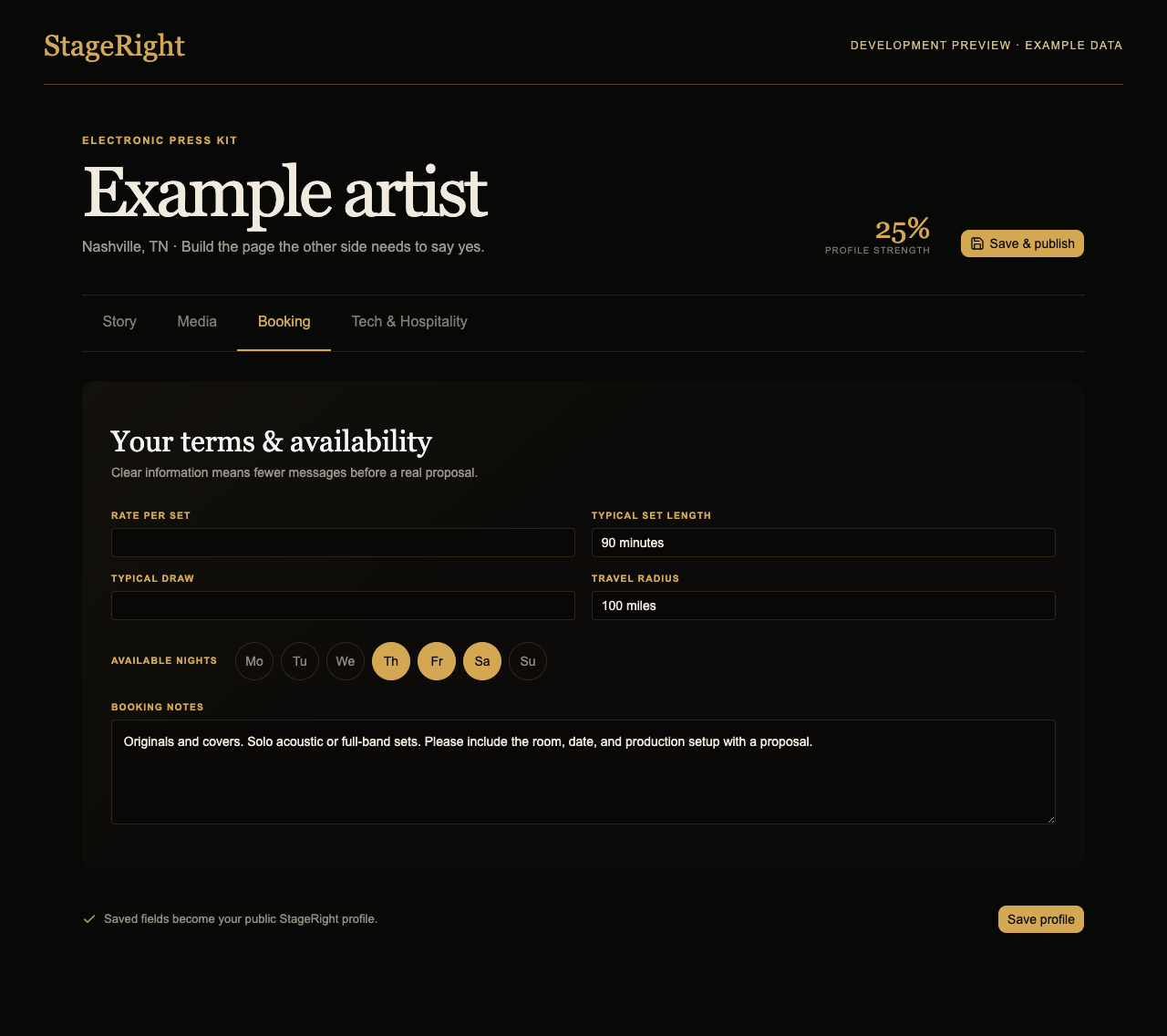 StageRight artist booking screen with fields for rate, set length, travel radius, available nights, and booking notes. Development preview using example data.